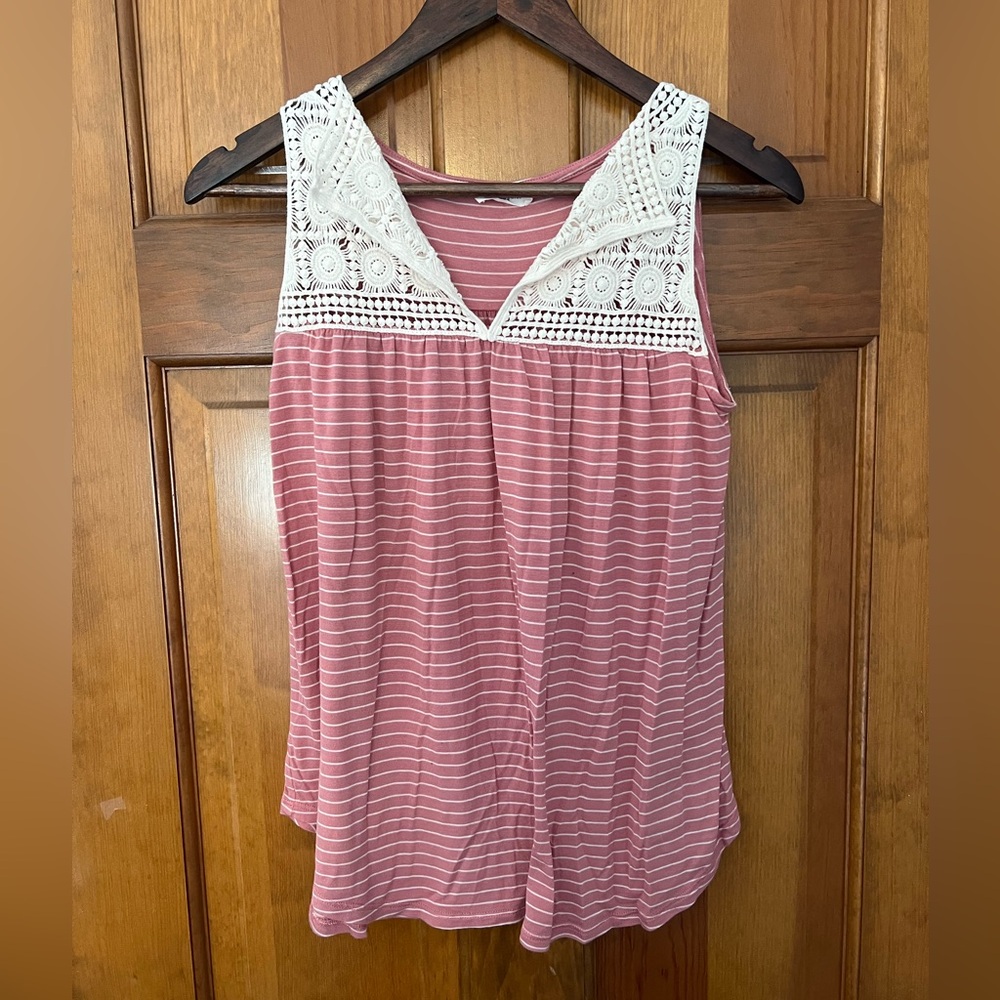 Loveappella Striped Tank Top Womens Size‎ Small Pink White Lace Boho Dainty
